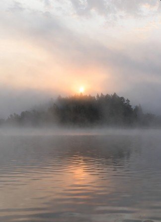 Serene morning lake with misty background