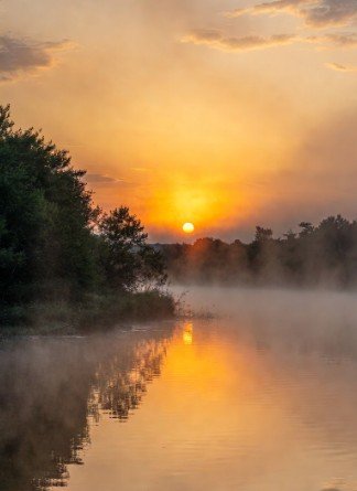 Serene morning lake with misty background