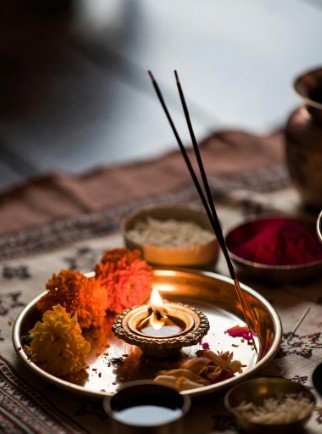 Puja thali with flowers and incense1
