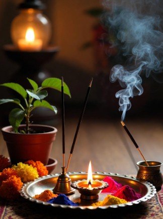 Puja thali with flowers and incense3