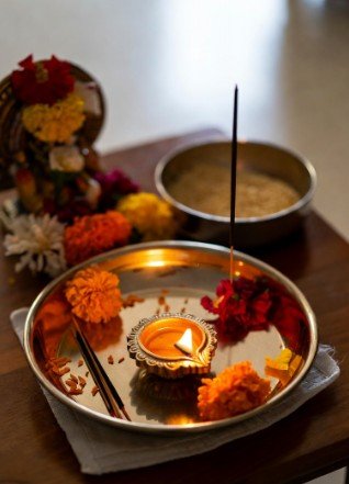 Puja thali with flowers and incense4