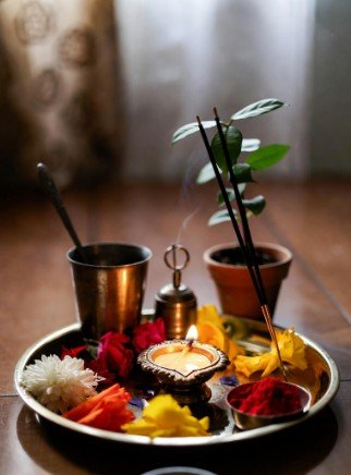 Puja thali with flowers and incense5