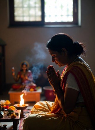 Woman doing morning puja with diya3