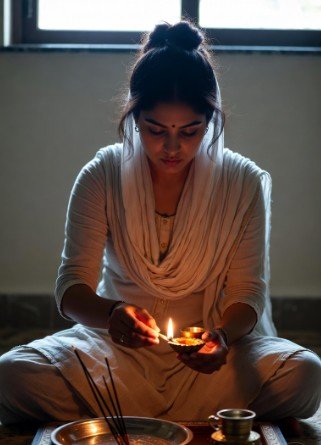 Woman doing morning puja with diya5